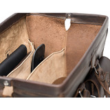 this dark brown leather briefcase is wide open  with a tan lining for lawyers.