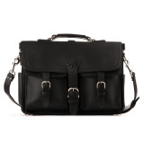 This is the front straight on of a 17 inch wide large leather briefcase with pockets.