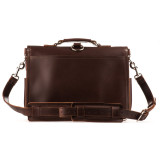 This is the back of a dark red brown leather briefcase that is not in backpack form.