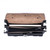 This dark brown leather briefcase is wide open with two gussets and a light tan interior.