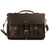 This is a straight on picture of a red brown leather briefcase that is 17 inches wide and has two front pockets on it with a flap over them.