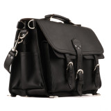 This is a professional black leather briefcase with two pickets on the front and a flap to close.