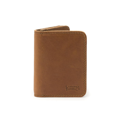 This is a tan brown leather business card holder wallet front.