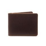 This is a red brown leather wallet bifold with RFID showing the front side.
