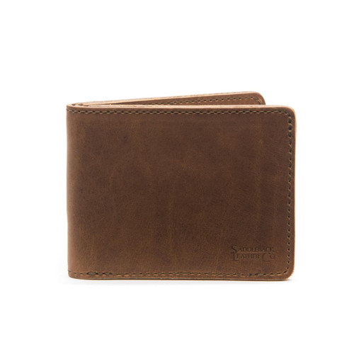 This is a tan brown leather wallet bifold with RFID showing the front side.