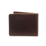 This is a red brown leather wallet bifold with RFID showing the back side.