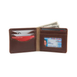This is a red brown leather wallet bifold with RFID showing the inside.