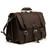 This is the front view angled of a large dark brown full grain leather briefcase.