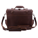 This is the back side of the red brown full grain leather briefcase that has two straps.