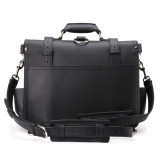 This is the back of a black full grain leather briefcase that has two straps.