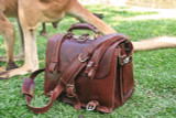 There is a full grain leather briefcase in front of a male kangaroo.