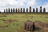 This is a dark brown full grain leather briefcase on Easter Island.