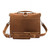 This is the back of a light tan brown leather briefcase with front pockets on the other side.