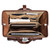 This is a red brown leather lawyers briefcase from the top view when it is wide open.