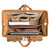 This wide open light brown leather briefcase is really wide open and full of professional things.
