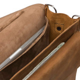 This is a close up of the tan brown leather briefcase open with a laptop inside.