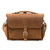 This is a front picture of a tan brown leather briefcase that has a strap in the center.