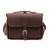 This is a slim red brown leather briefcase staring straight into the camera.