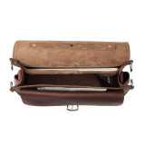 This is the interior picture of a red brown slim leather briefcase with a light tan interior suede lining.