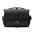 This is a slim black leather briefcase that is looking straight into the camera.