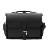 This is a slim black leather briefcase that is looking straight into the camera.