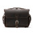 This is a dark brown slim leather briefcase staring straight into the camera.