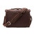 This is the back of a slim red brown leather briefcase with its shoulder strap laying in front of it.