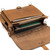 This is the light brown leather briefcase laying down with the flap open.