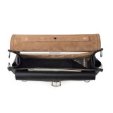 This is the inside of a black slim leather briefcase that has a light interior lining.