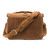 This is the back of a tan brown leather briefcase with the shoulder strap across the back.
