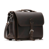 This is a dark brown slim leather briefcase with a flap over the front.