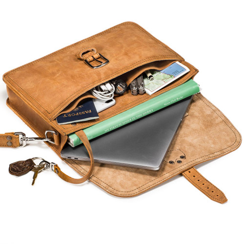 This is the slim leather briefcase laid on its side with all that it can hold spilling out.