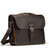 This is a dark brown leather briefcase that is 14 inches wide and angled to the right.