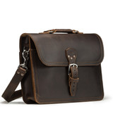This is a dark brown leather briefcase that is 14 inches wide and angled to the right.
