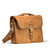 This is the front of a slim tan brown leather briefcase slightly angled.