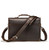 This is a slim dark brown leather briefcase turned away from the camera.