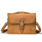 This picture is of a slim tan brown leather briefcase straight on.