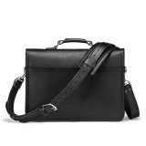 This is the back of a black slim leather briefcase for women or men.