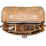 This is a view of the slim leather briefcase from above with the flap open to look in.
