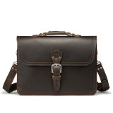 This is a straight on picture of a dark brown leather briefcase that is slim and 14 inches wide.