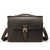 This is a straight on picture of a dark brown leather briefcase that is slim and 14 inches wide.