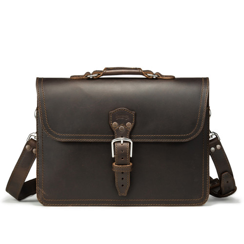 This is a straight on picture of a dark brown leather briefcase that is slim and 14 inches wide.