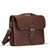 This red brown slim leather briefcase is standing on it's bottom and showing the side.
