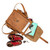 This is a tan brown leather backpack that is spilled out to see what fits.