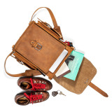 This is a tan brown leather backpack that is spilled out to see what fits.