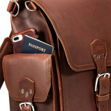 This is the side pocket behind the pocket of a red brown leather backpack.