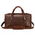 This is a red brown leather duffle bag that has three straps to close it and has two round handles from the back side.
