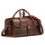This is a red brown leather duffle bag that has three straps to close it and has two round handles from the front side.