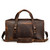 This is a dark brown leather duffle bag that has three straps to close it and has two round handles from the back side.
