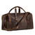 This is a dark brown leather duffle bag that has three straps to close it and has two round handles from the front.